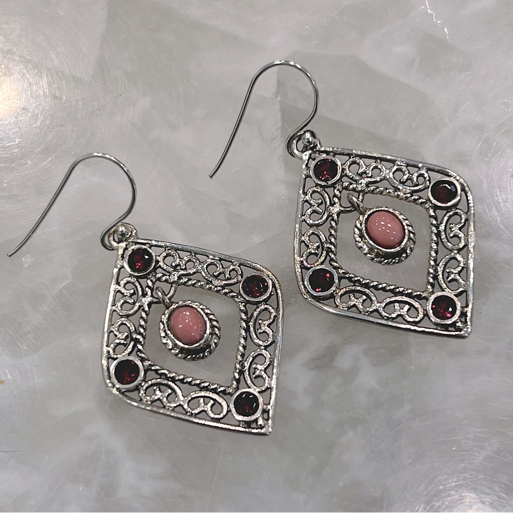 Oregon Peach Opal Orissa Rhodolite Garnet Accented Sterling Silver Dangle… - Picture 3 of 9